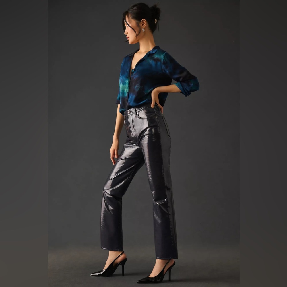 AGOLDE Recycled Leather 90's Pinch Waist Straight Leg Pants in Carbon (32) - Picture 3 of 14